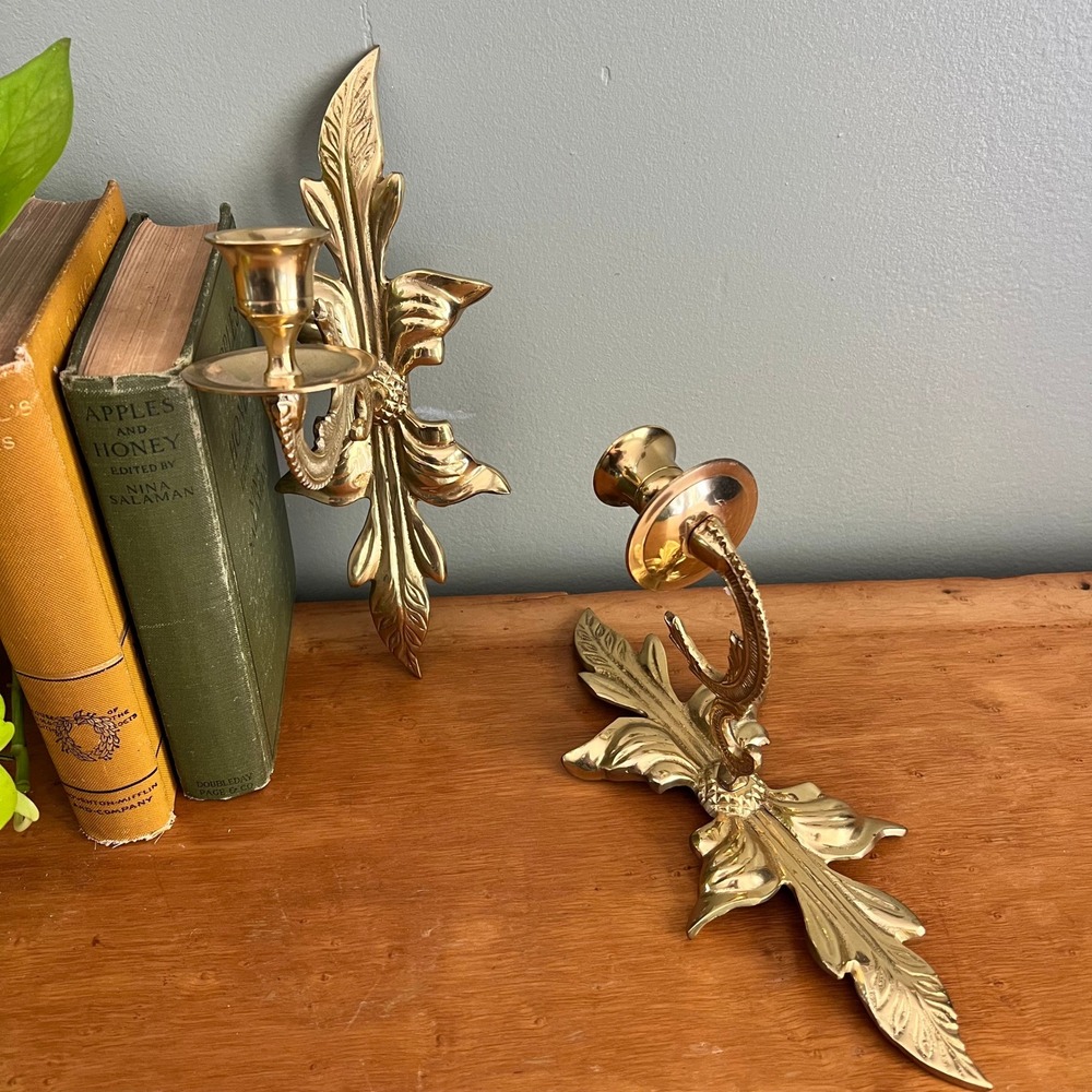 Vintage Solid Brass Wall Sconce Pair Acanthus Leaf Ornate Taper Candle Holders